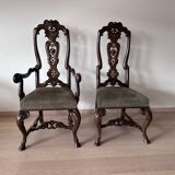 Neo-Renaissance walnut wood dining chairs: set of 6 + 2 armchairs
