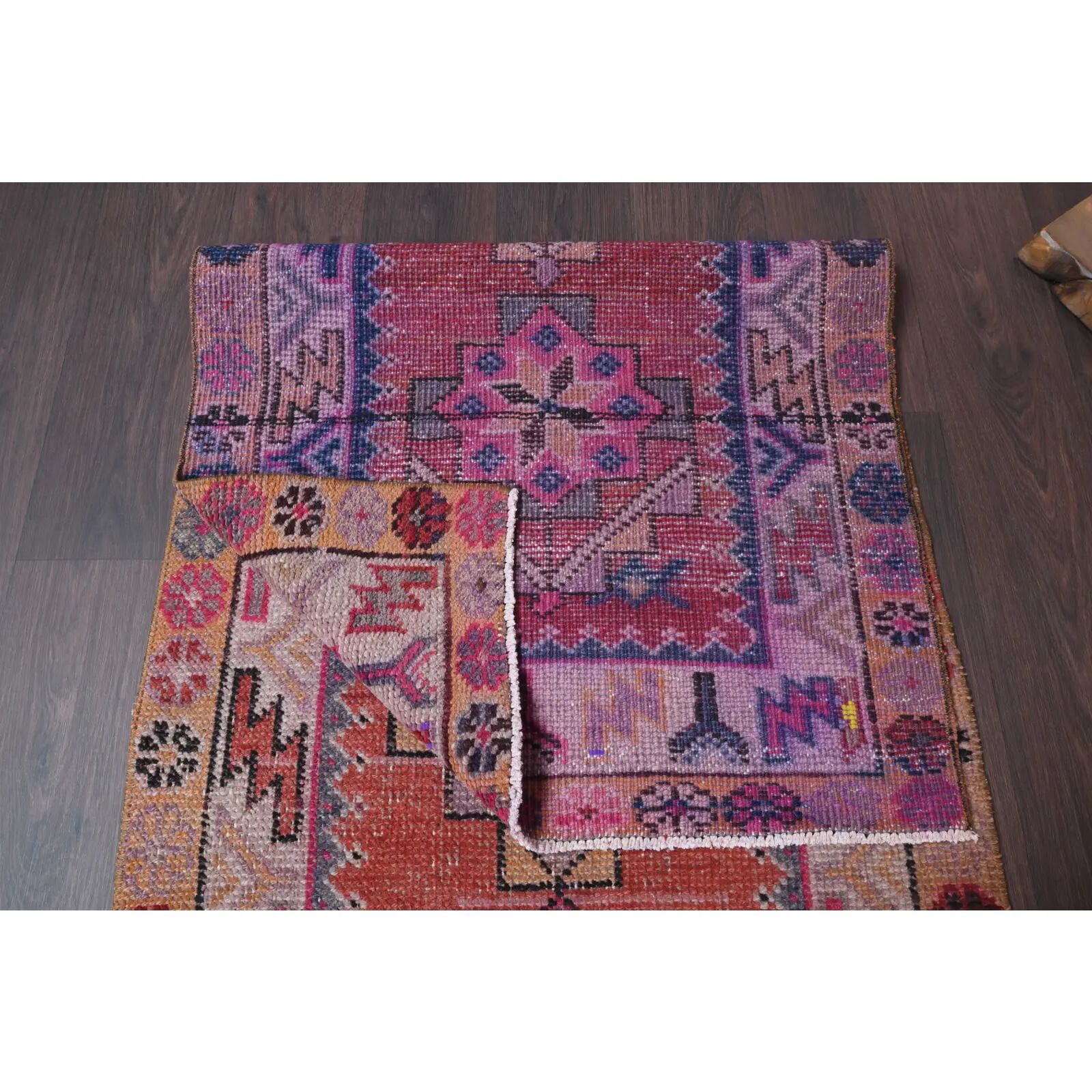 Vintage Turkish hand-knotted wool cotton red runner rug 83x362
