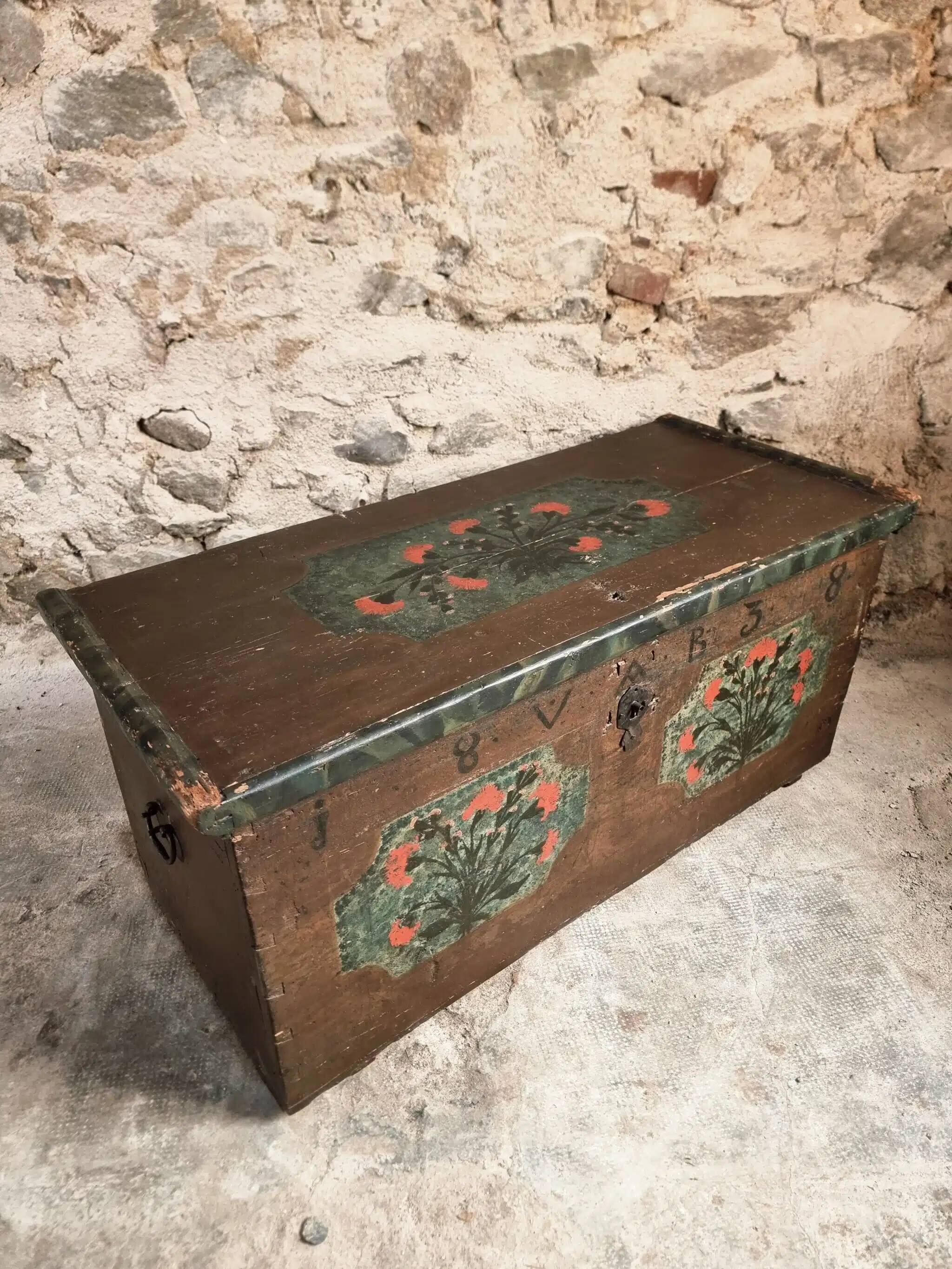Antique French pine chest – 1838, painted folk art