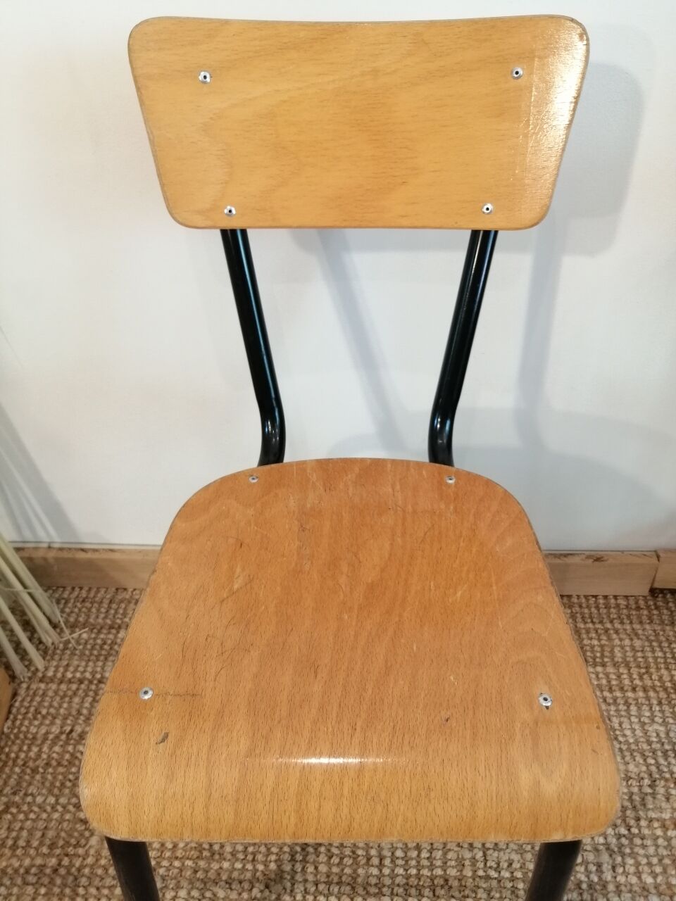 Series of 4 wooden and metal school chairs