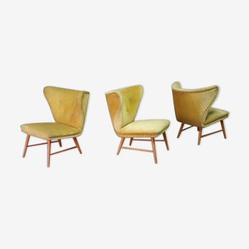 Trio de chauffeuses à oreilles wing chair danoise Elias Svedberg années 50/60 jaune vert