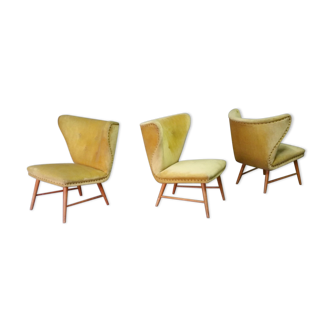 Trio de chauffeuses à oreilles wing chair danoise Elias Svedberg années 50/60 jaune vert