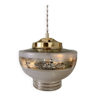 Suspension globe vintage en verre dépoli blanc et doré