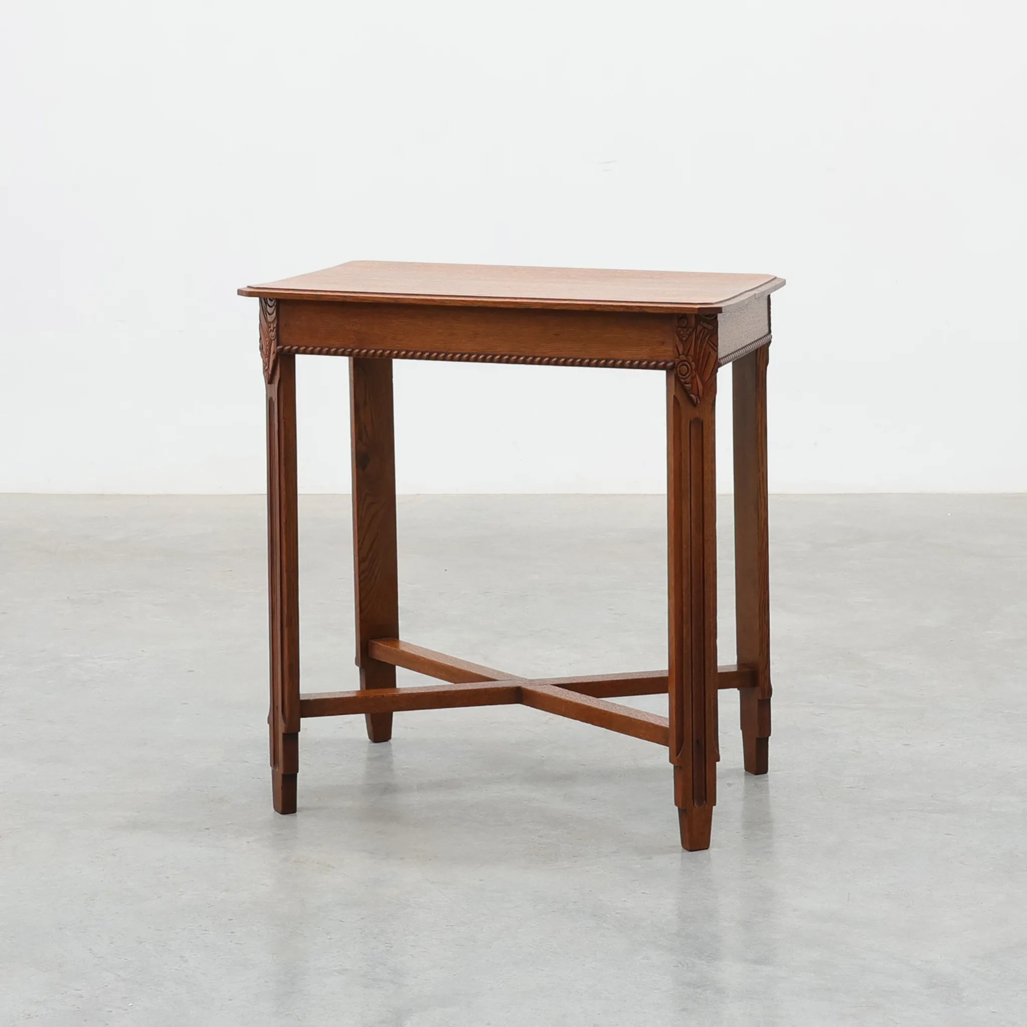 French Art Deco Side Table with Fluted Legs, Carved Frieze and X-Stretcher,