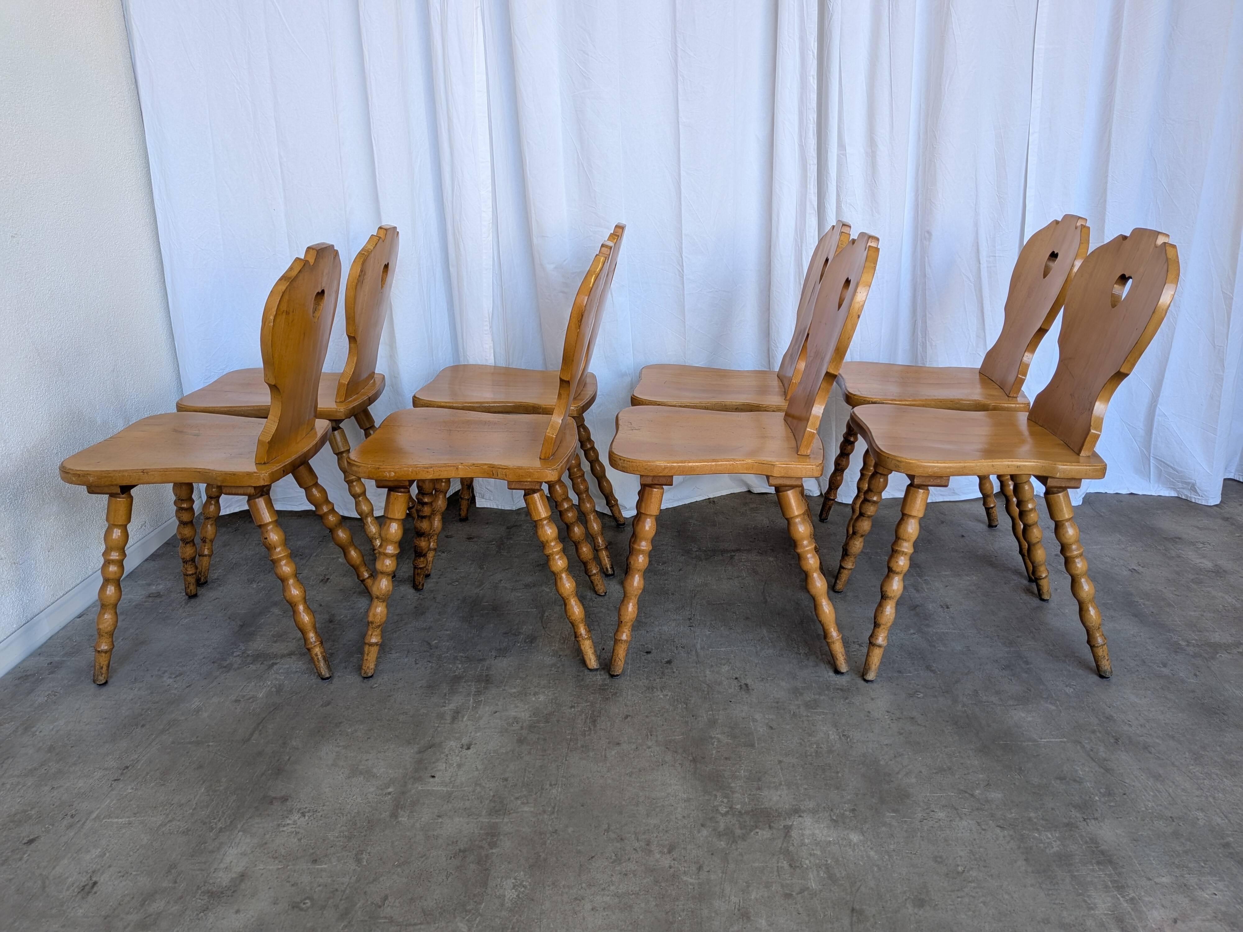 Set of 8 Vintage Tyrolean Heart Cutout Wooden Dining Chairs, Rustic Farmhou