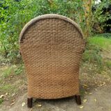 Paire de fauteuils en bois et rotin 1980
