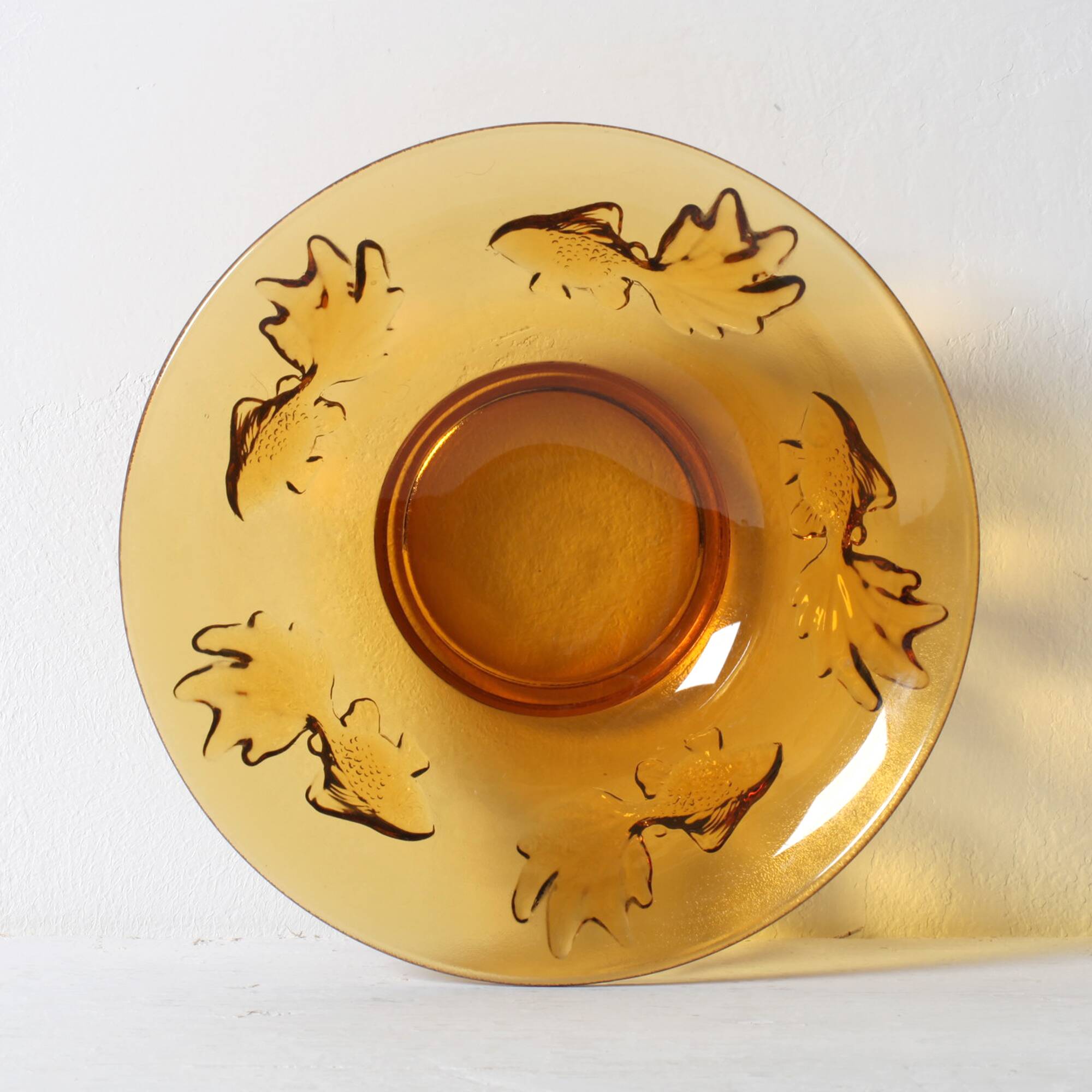 Vintage Amber Glass Bowl with Embossed Fish Pattern / Czech Repulic / 1980s