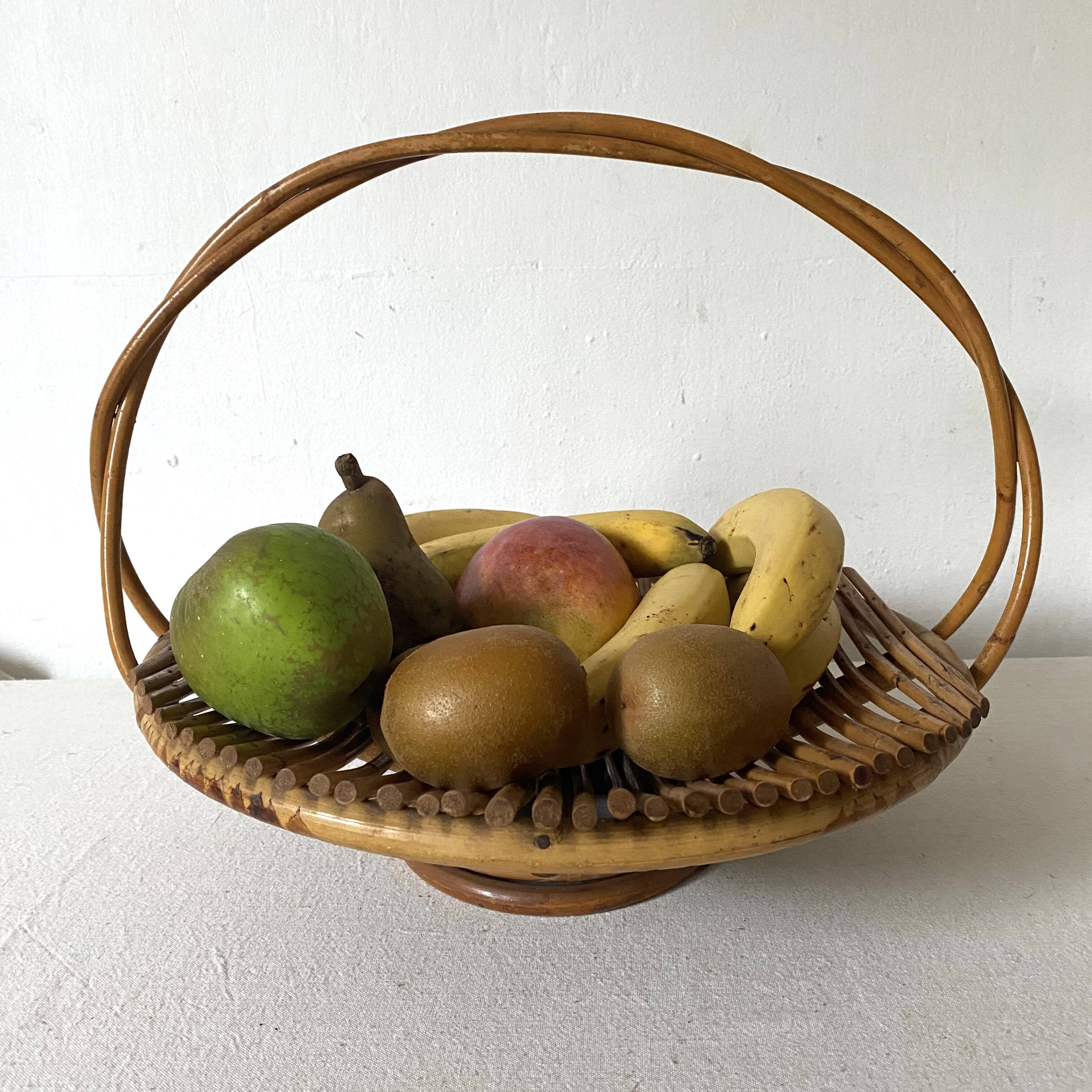 Rattan fruit basket with handle, 1970s