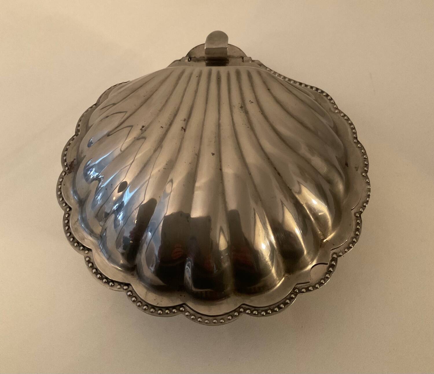 Vintage silver metal shell butter dish