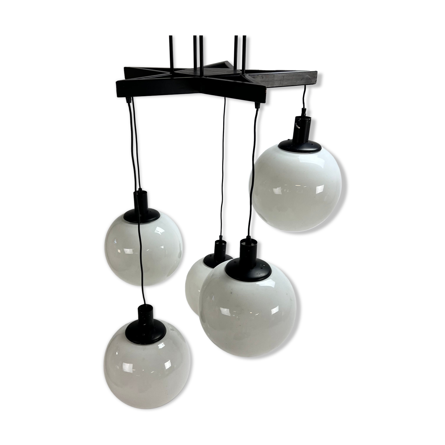 Mid century hanging lamp with 5 white bols, 1970s