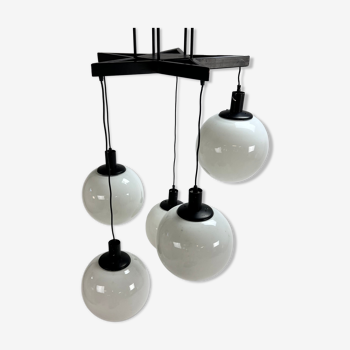Mid century hanging lamp with 5 white bols, 1970s