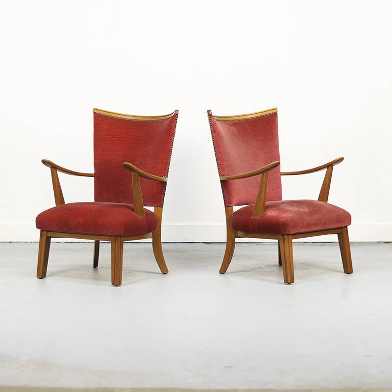Set of Two Vintage Armchairs with Oak Frames