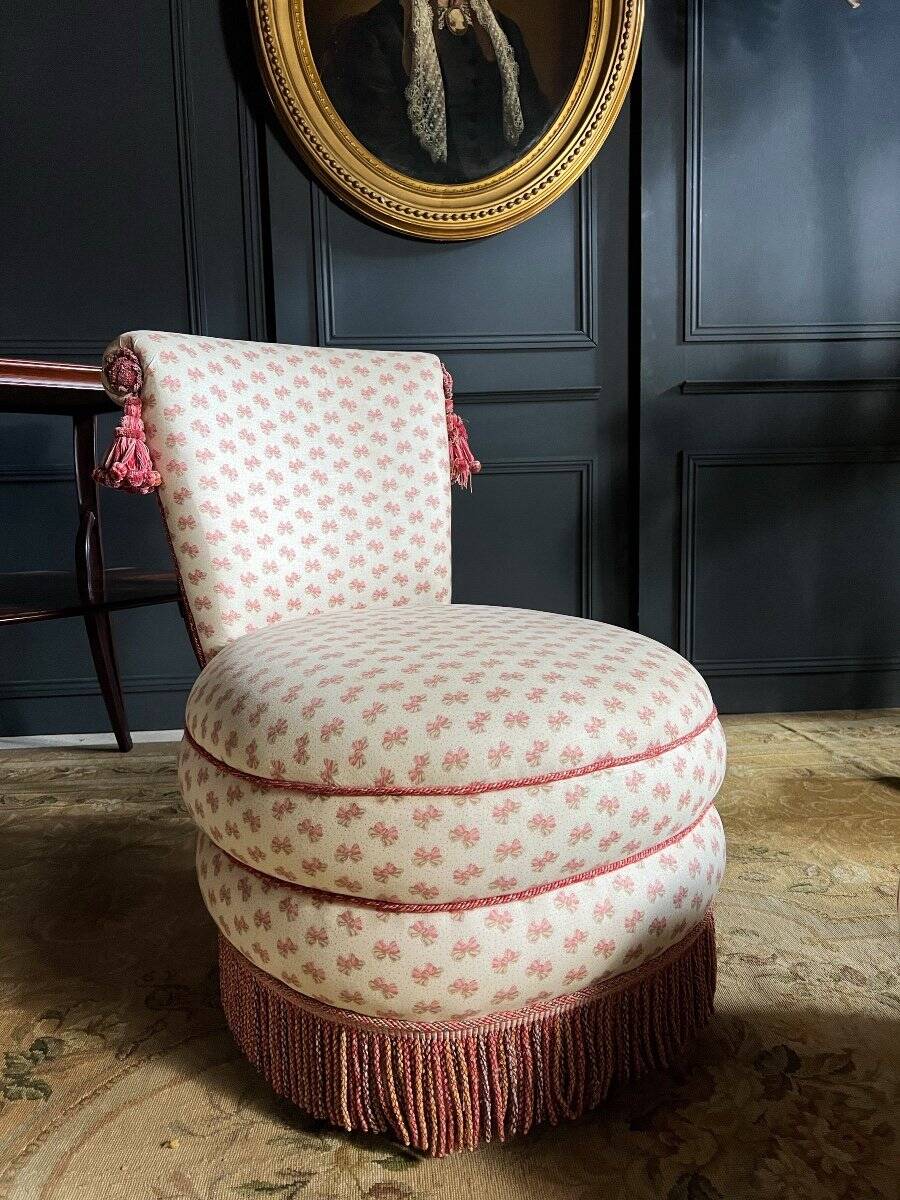 Napoleon III Style Armchair and Pouf with Pink Bow Decor
