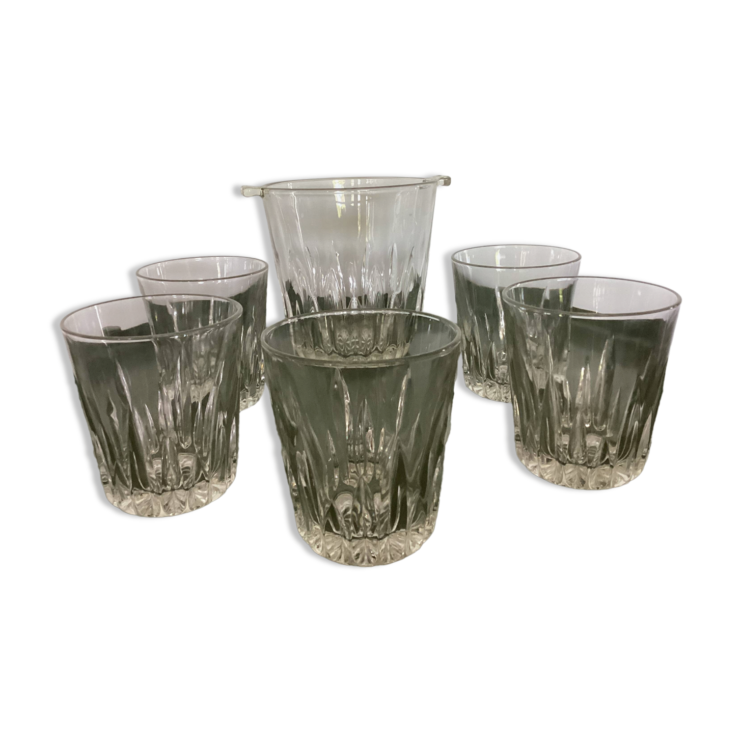 Original clear glass ice bucket with 5 glasses