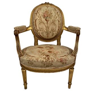 Louis XVI style gilded wood armchair, late 19th or early 20th century