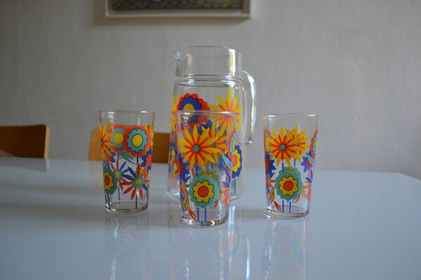 Service à orangeade années 70 1970 fleurs orange 1 carafe + 3 verres