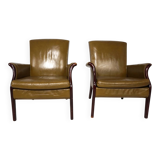 Set of two moss green Froxfield leather armchairs by Parker Knoll, 1960