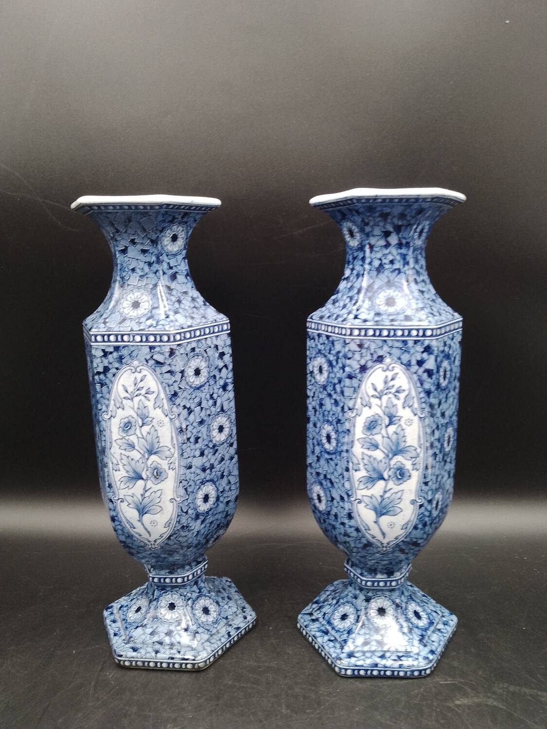 Antique 19th century Delft pair of hexagonal vases - Petrus Regout Maestricht