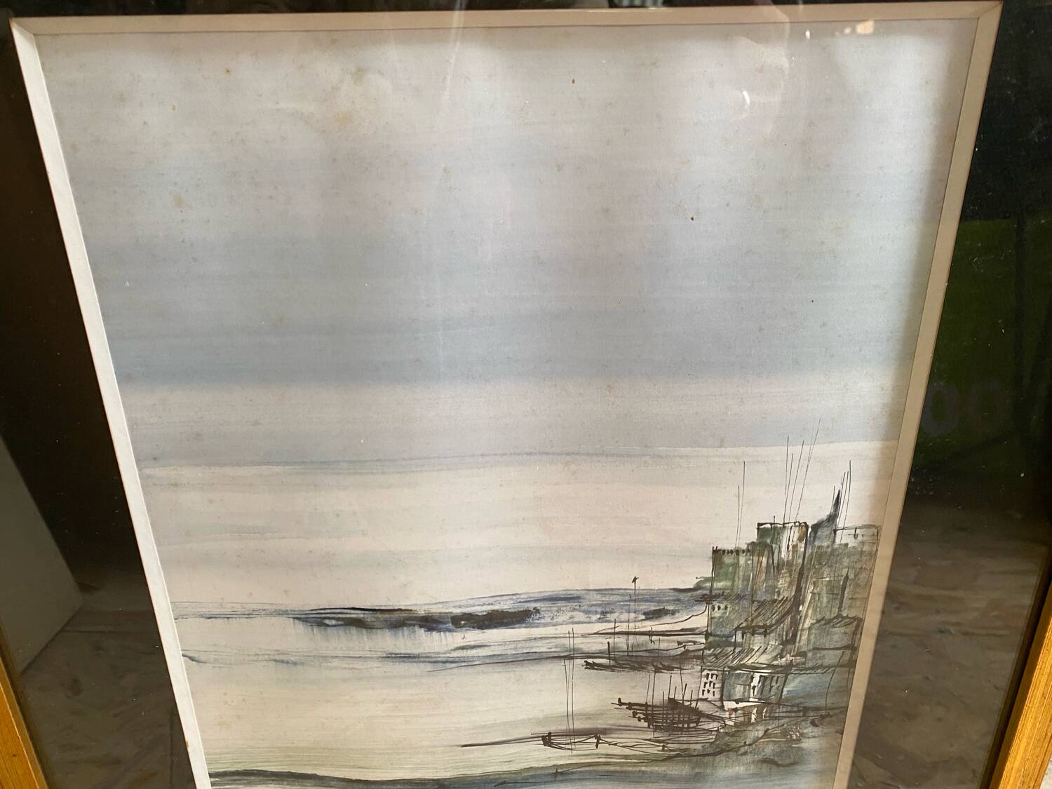 Old ink painting seaside view signed + golden wood frame