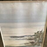 Old ink painting seaside view signed + golden wood frame
