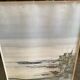 Old ink painting seaside view signed + golden wood frame