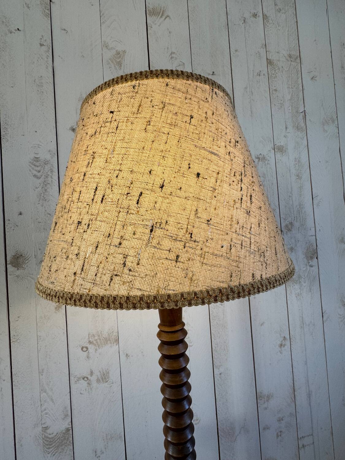 Turned wooden floor lamp