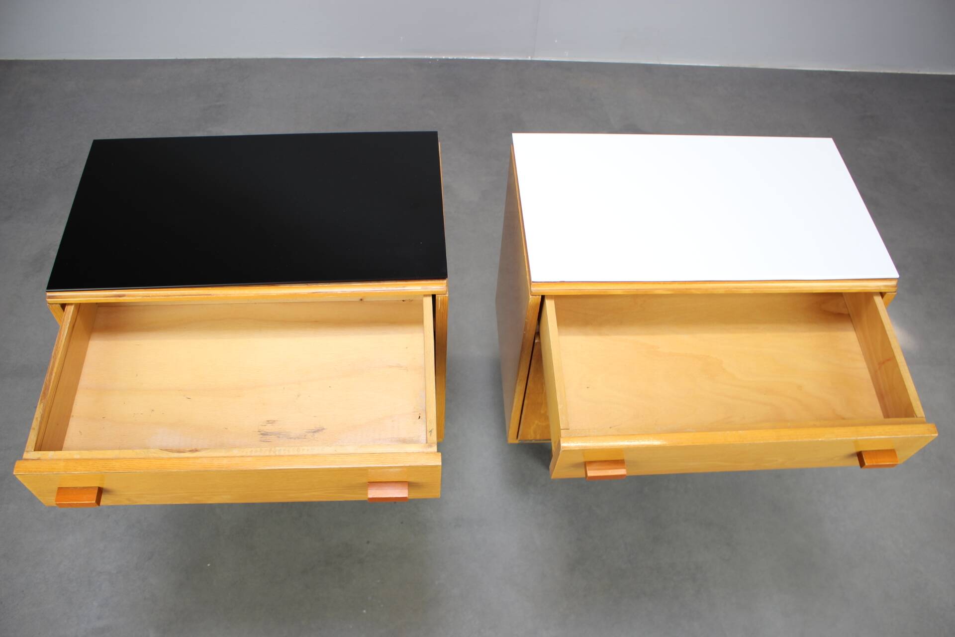 1960s František Mezulaník Mid-Century Maple Nightstands with Black and White Glass