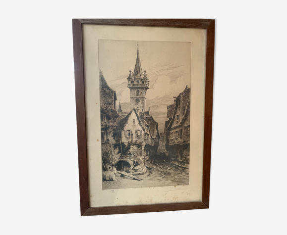Engraving of the city of Obernai (Alsace) by Charles Pinet