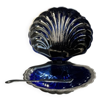 Vintage silver-plated metal shell butter dish with knife and glass bowl
