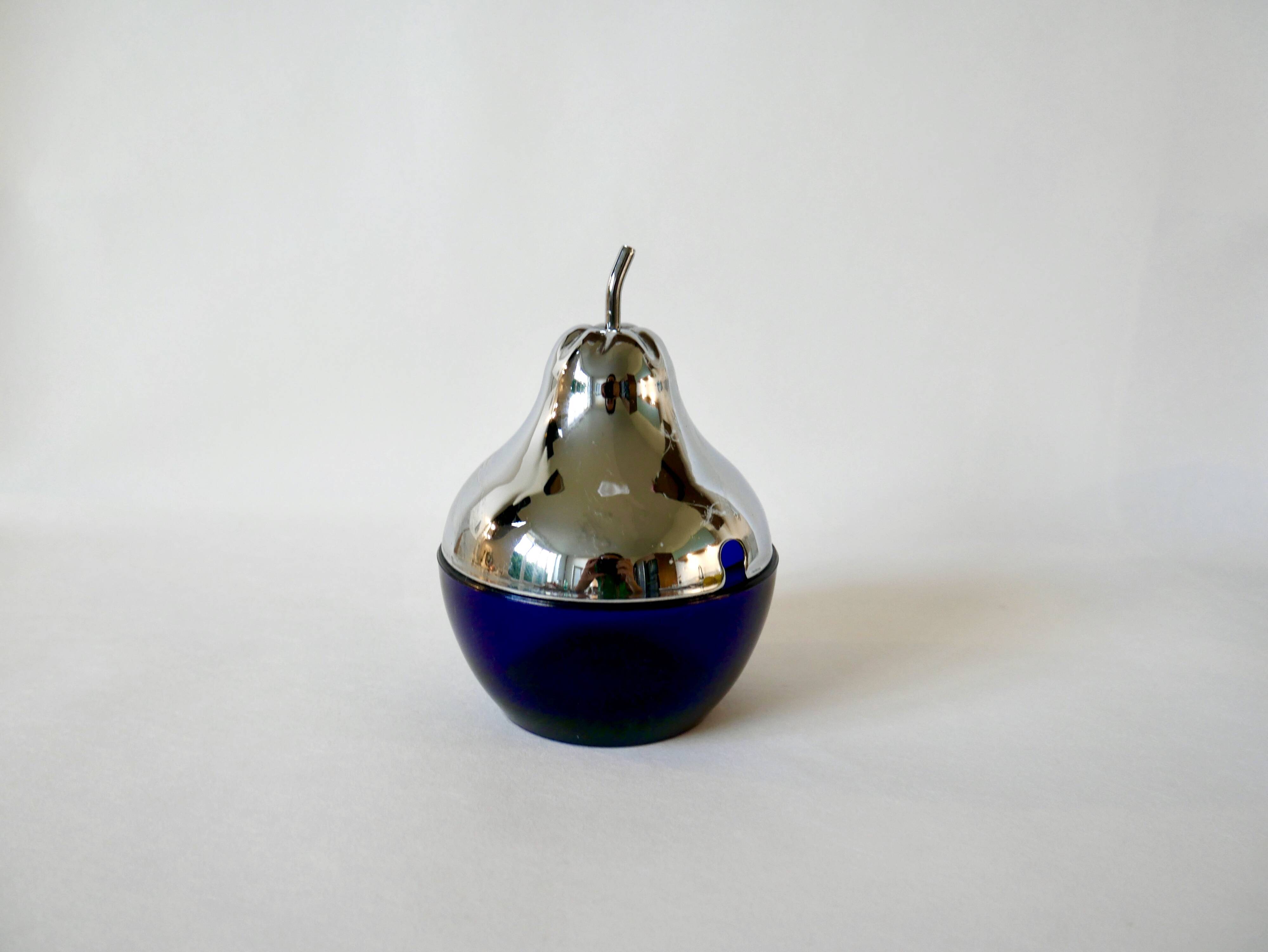 Pear butter dish in silver metal and blue glass from the 70s