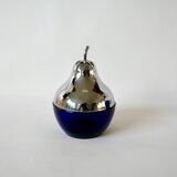 Pear butter dish in silver metal and blue glass from the 70s