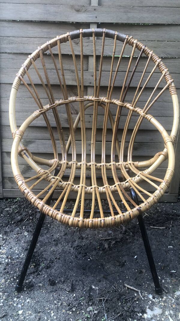 Fauteuil coquille bambou rotin vintage années 60