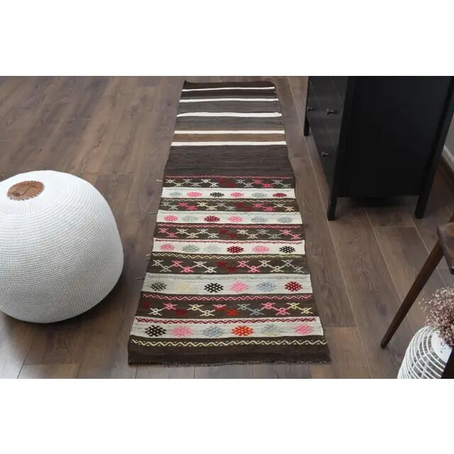 1970s Turkish Oushak Handmade Wool Cotton Brown Runner 65x243
