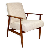 Fauteuil 'Lis', design bouclé beige des années 1970 par Henryk Lis - bois naturel