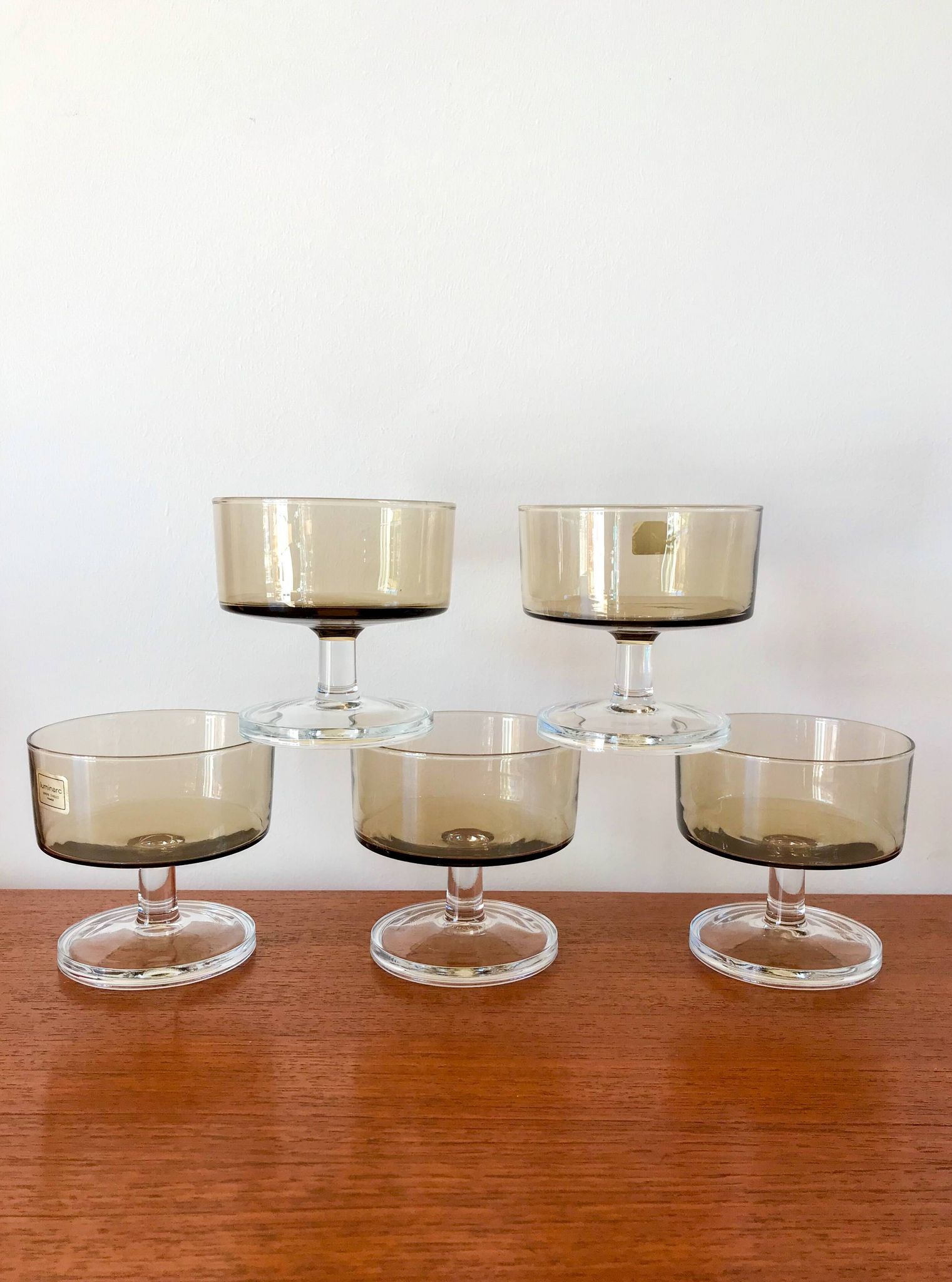 Set of 5 70s luminarc smoked glass champagne glasses