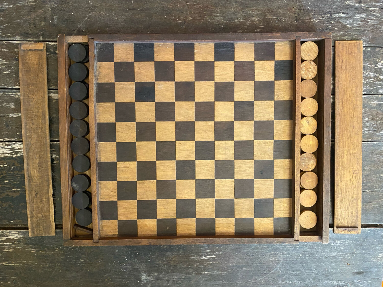 Double-Sided Wooden Checkers + Chess Game Board + Vintage Squares #D62