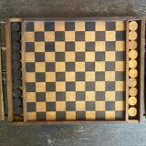 Double-Sided Wooden Checkers + Chess Game Board + Vintage Squares #D62