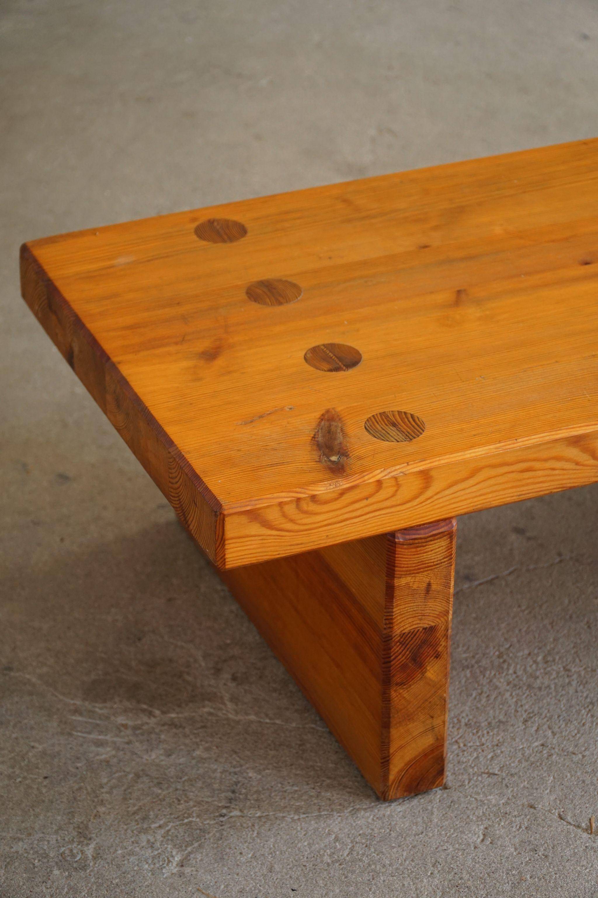 Square coffee table in solid pine in Swedish modern style by Sven Larsson, brutalism, 1970s.
