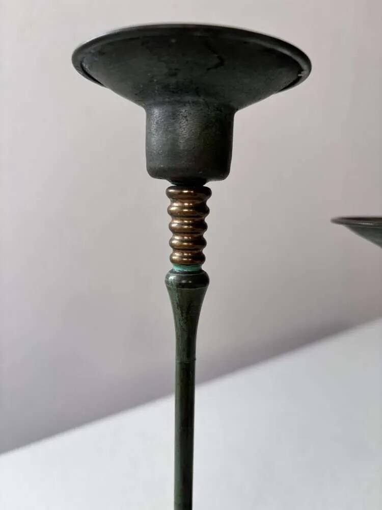 Set of two green bronze Italian candlesticks from the 1980s.