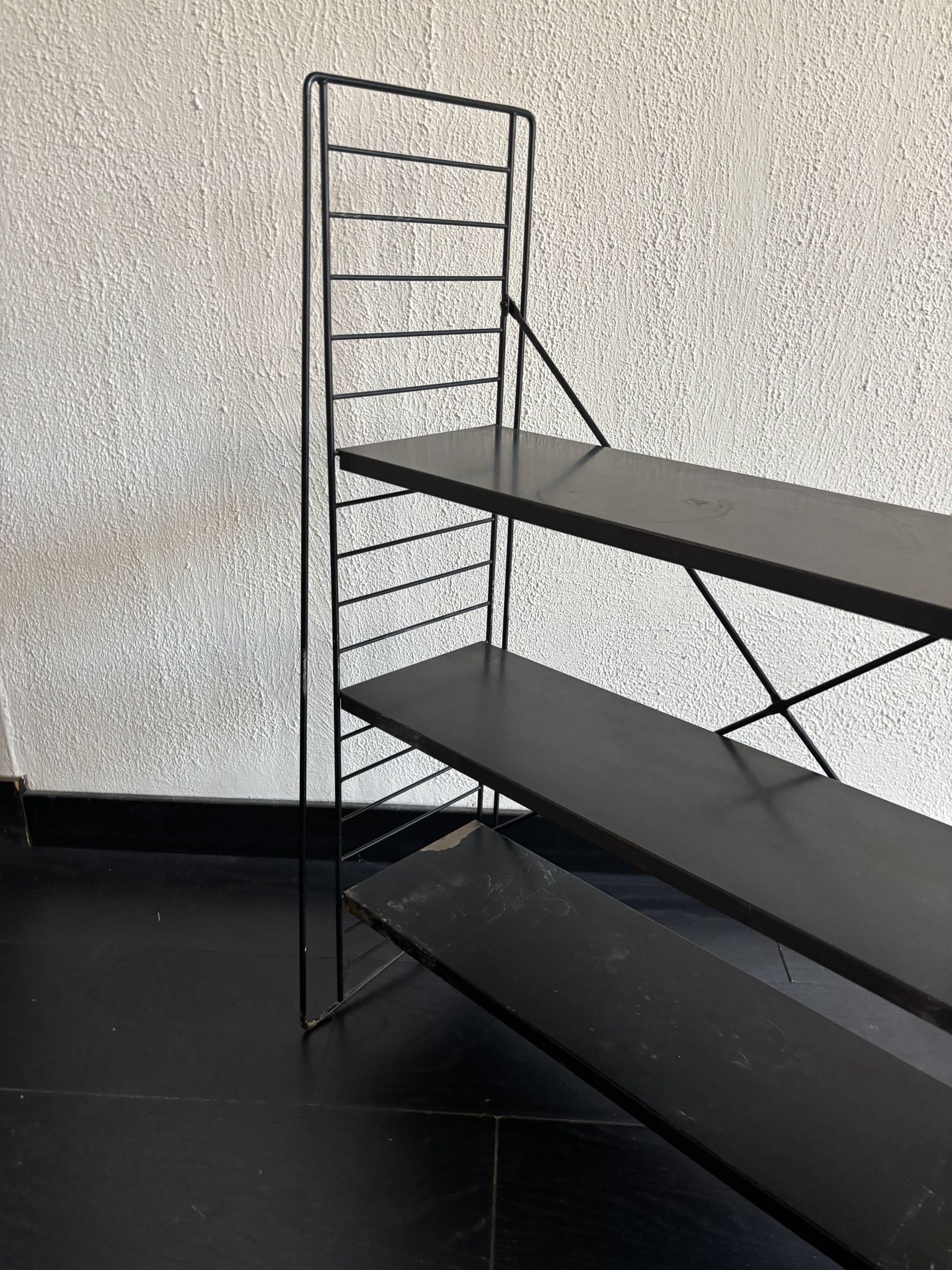 Vintage 1950 shelf taken on design legs by A. Dekker, black - 84 x 25 cm