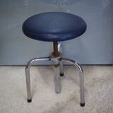 Tripod screw workshop stool in chromed metal and blue skai