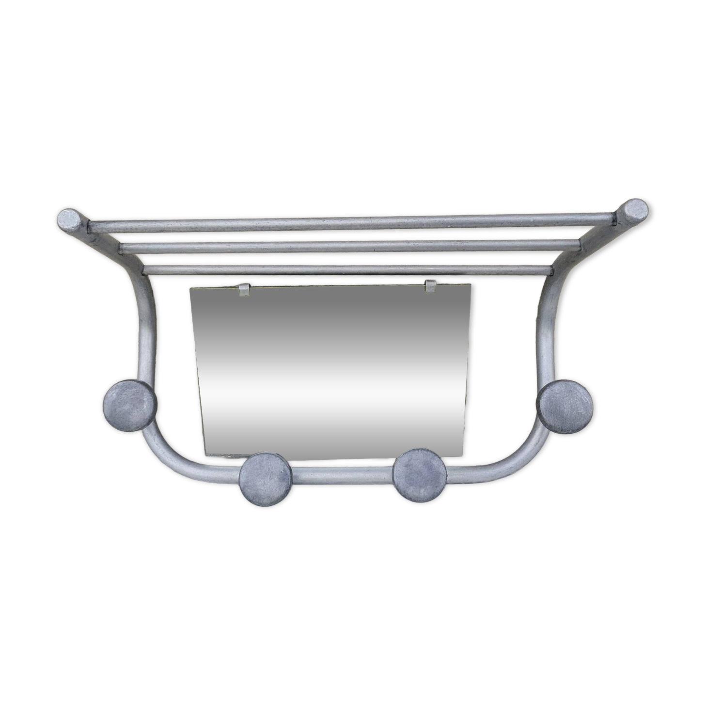 Vintage train style wall-mounted hat rack with angled mirror.