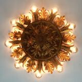 Plafonnier italien vintage lampe florentine feuilles en métal style régence hollywoodienne