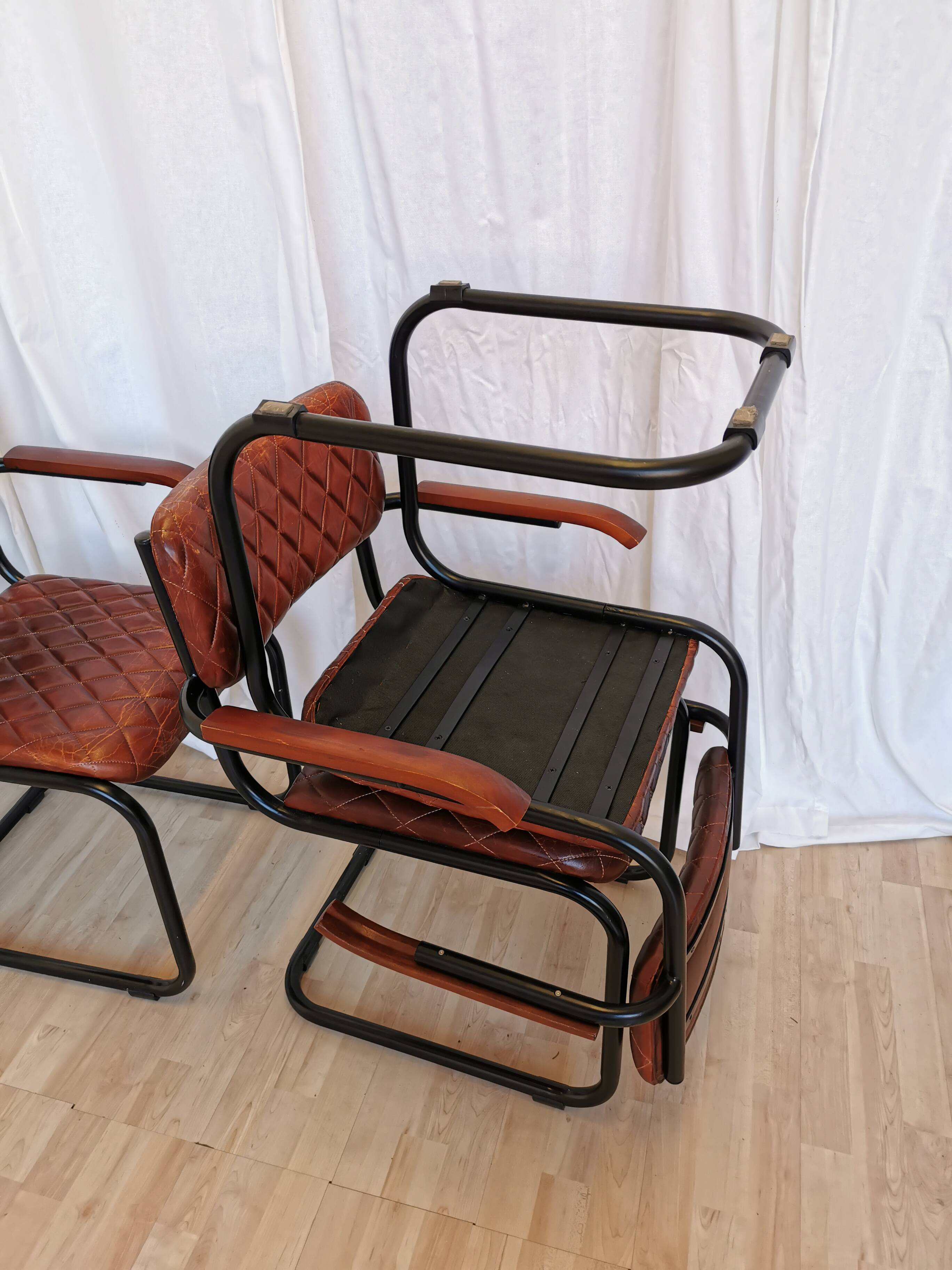 Set of 4 Vintage Quilted Leather Dining Chairs: Black Metal Base
