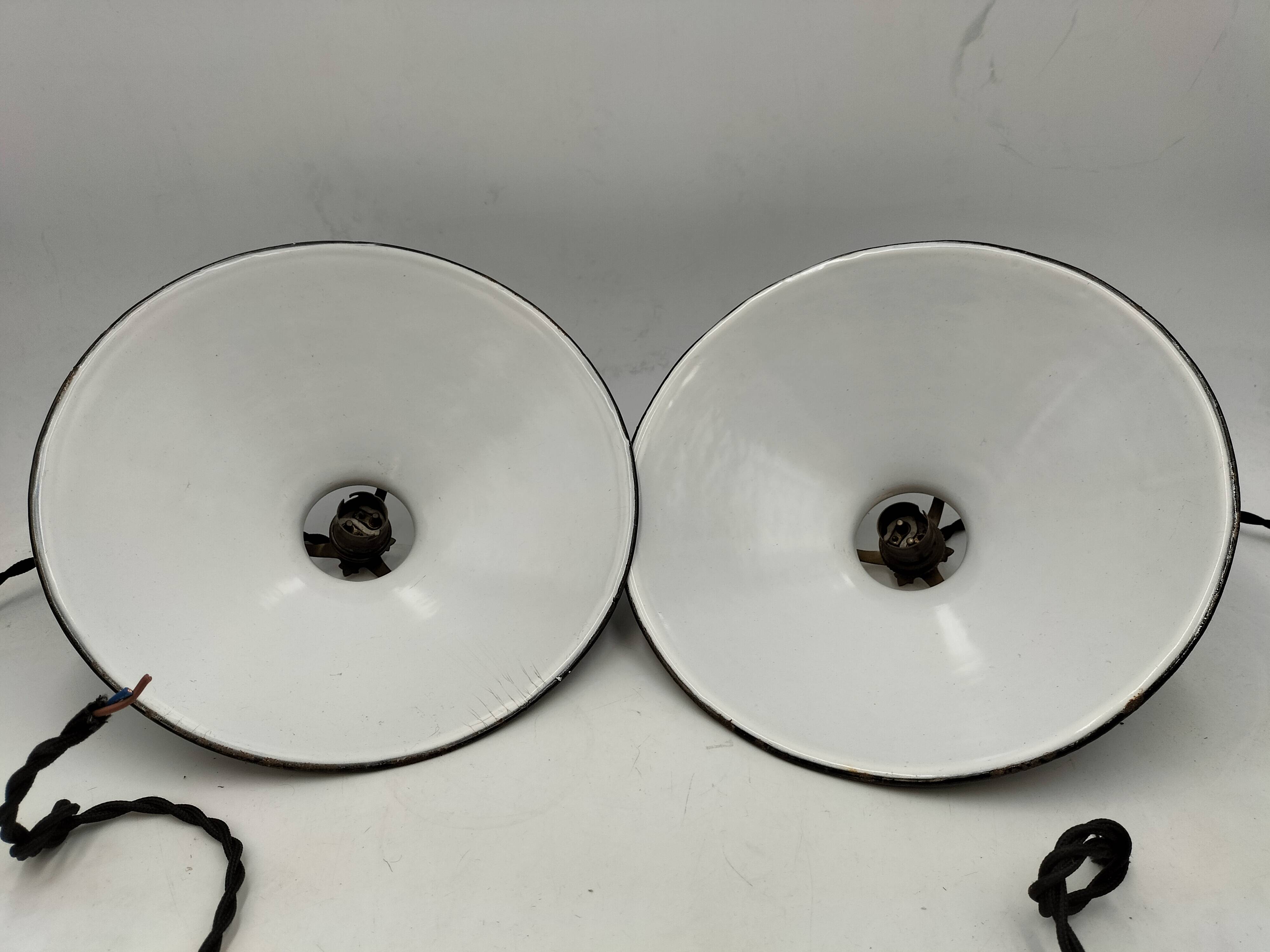 Pair of blue enameled sheet metal pendant lights