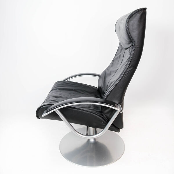 fauteuil Avec Tabouret Recouvert De Cuir Noir De Design Danois, Années 1970