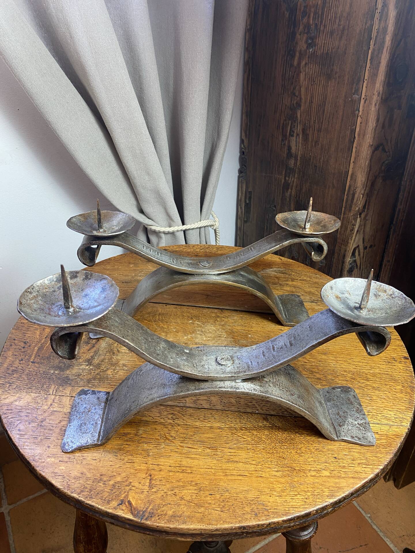 Brutalist wrought iron candlestick pair