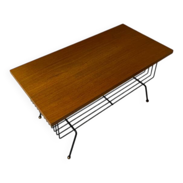 Vintage coffee table wood metal brass 1950s