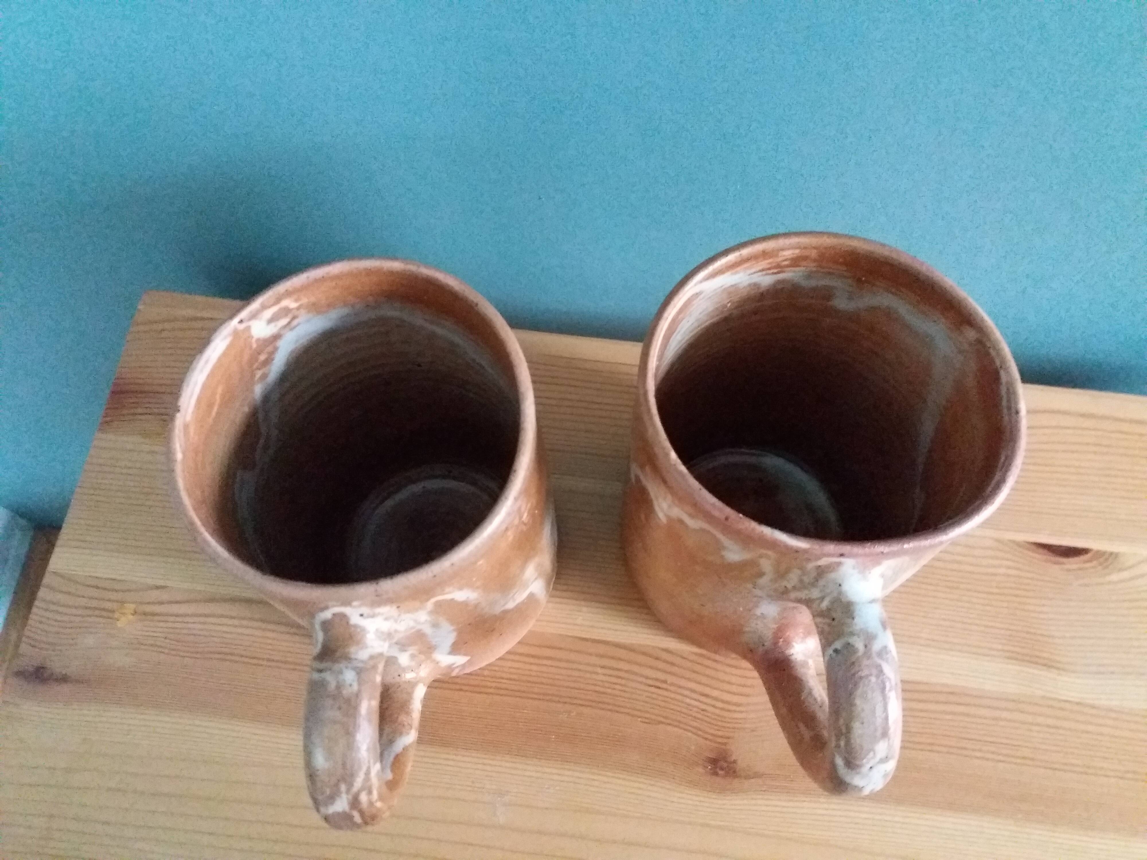 2 enameled stoneware mugs cups