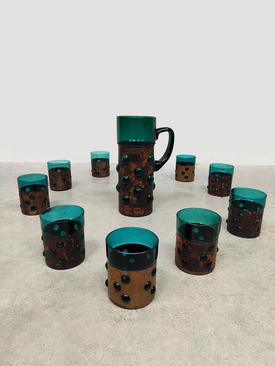 Vintage copper base bubble glass vase & glasses Nanny Still Raak